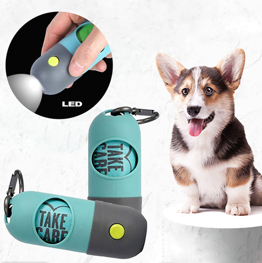 Dispensador de bolsas de basura para mascotas con luz LED y cápsula para recoger el inodoro de tu perro. Organizador portátil de bolsas de basura.